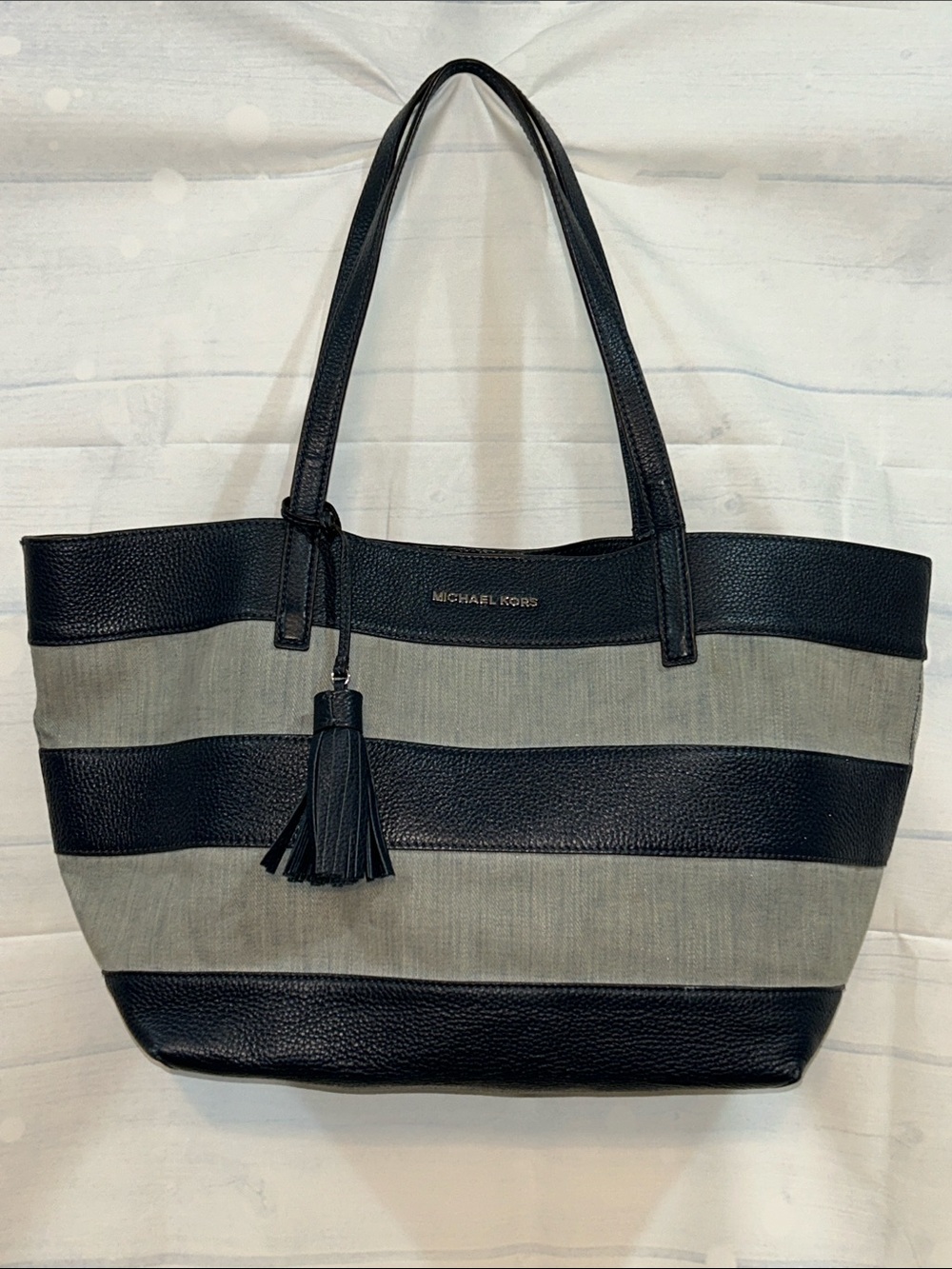 Michael Kors Black and Gray Striped Tote with Tassel